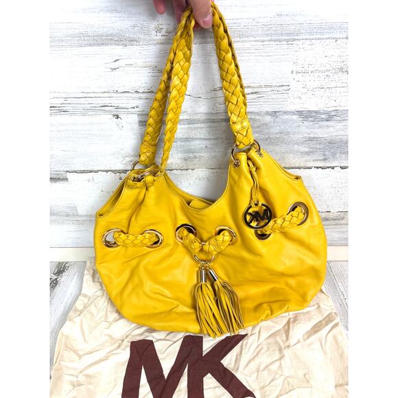 Michael Michael Kors Women’s Yellow Leather Braided Tassel Bucket Shoulder Bag - Picture 1 of 9